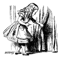 Alice finds a tiny door behind the curtain